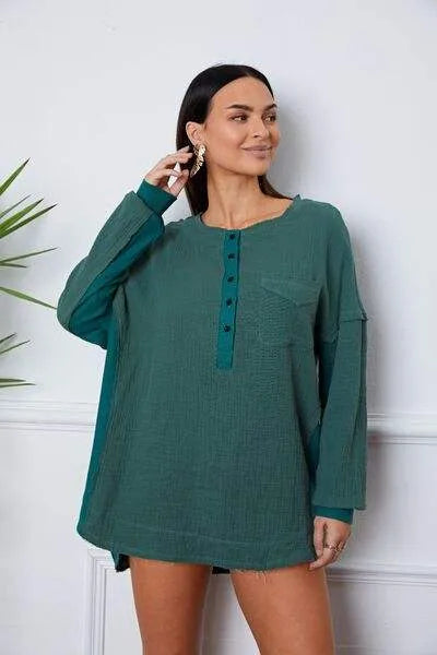 Half Button Up Round Neck Blouse Blouses - Tophatter Daily Deals